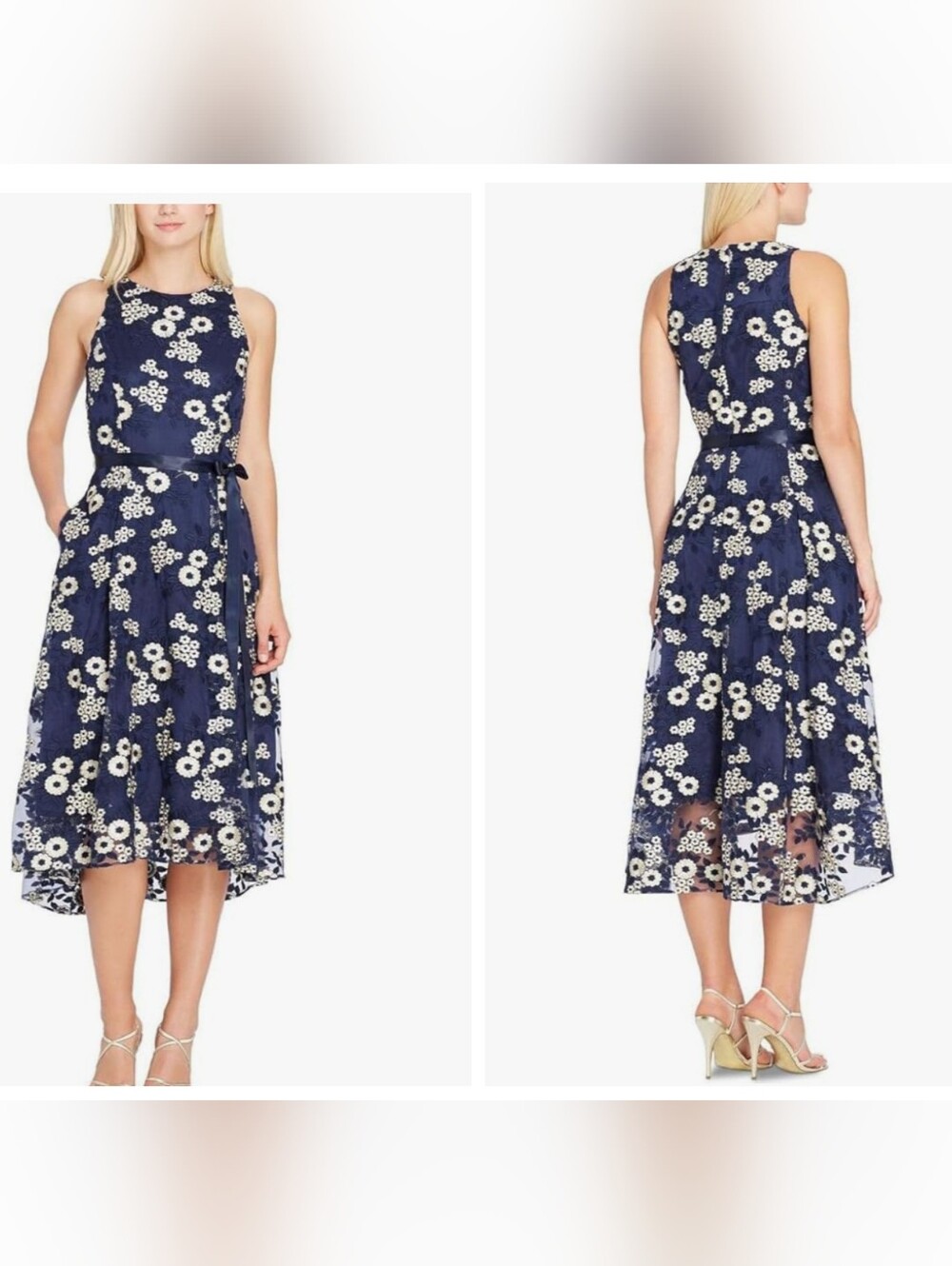 TAHARI Arthur S. Levine Dresses Sleeveless Navy & Gold Embroidery Tea Length
